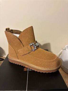 Cape Robbin Tan Suede Ankle Booties with Gem Accent